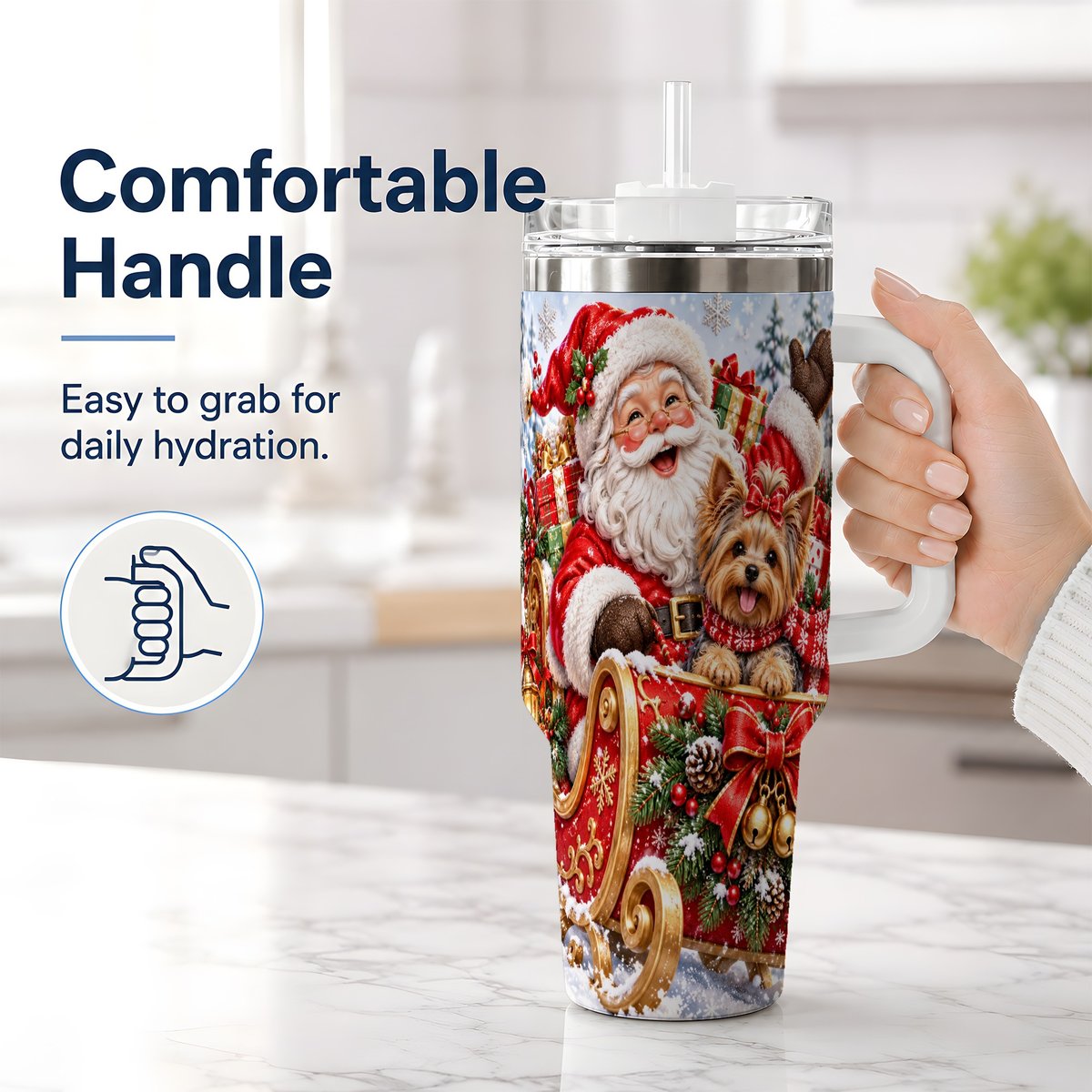 #pl[40oz|White] Santa and Christmas Yorkie Tumbler 40oz, Sleigh Scene