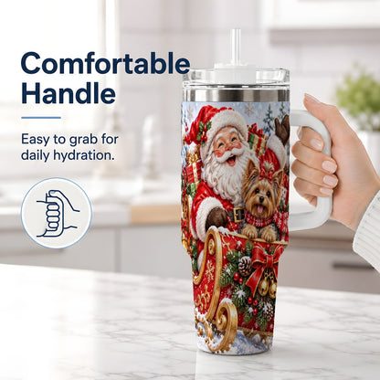 #pl[40oz|White] Santa and Christmas Yorkie Tumbler 40oz, Sleigh Scene