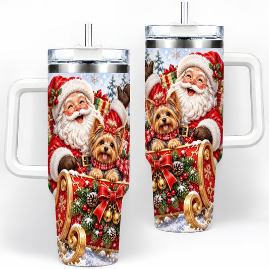 Santa and Christmas Yorkie Tumbler 40oz, Sleigh Scene