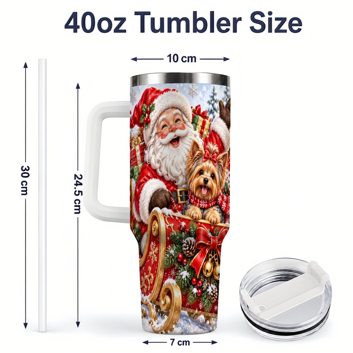 #pl[40oz|White] Santa and Christmas Yorkie Tumbler 40oz, Sleigh Scene
