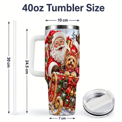 #pl[40oz|White] Santa and Christmas Yorkie Tumbler 40oz, Sleigh Scene