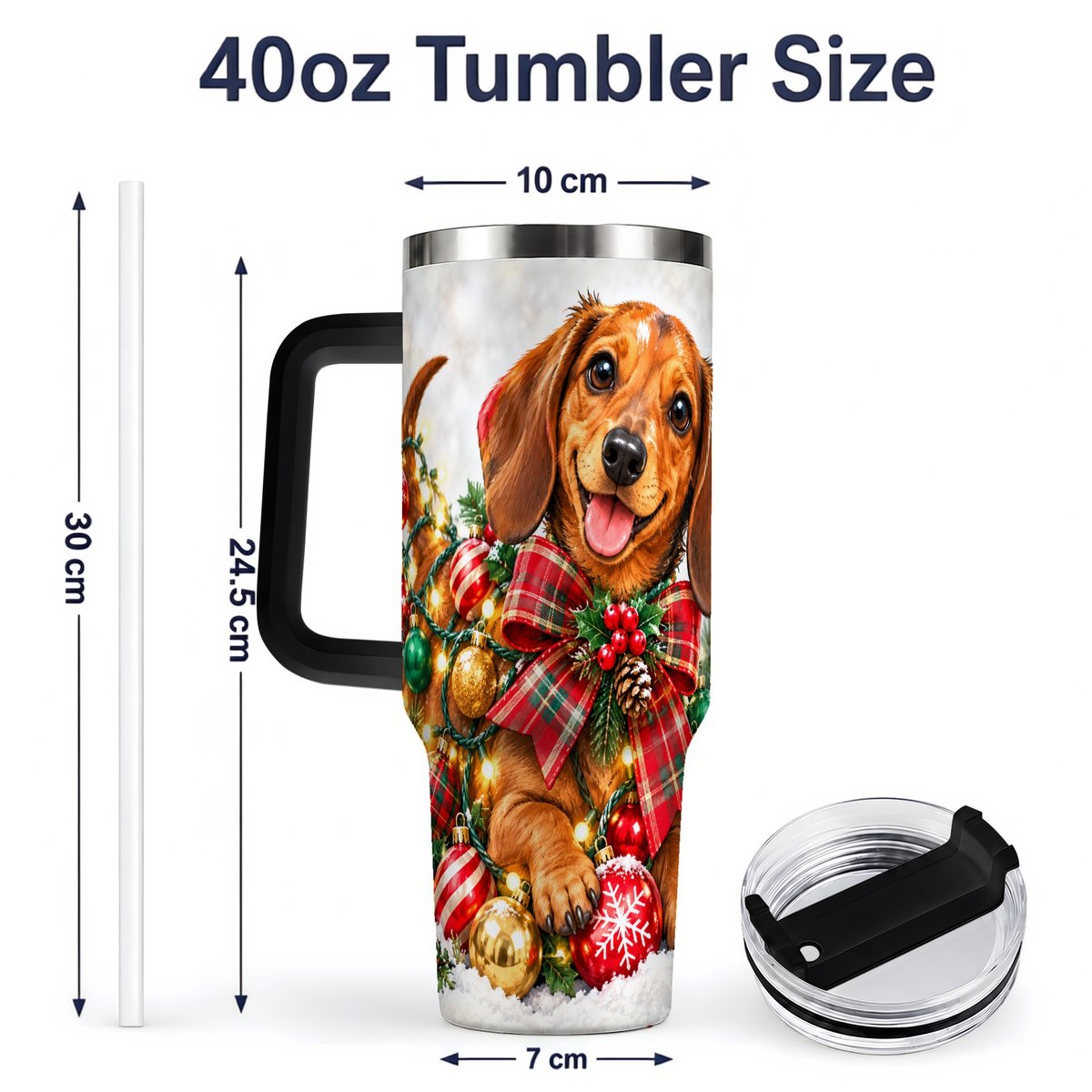#pl[40oz|Black] Christmas Dachshund Tumbler 40oz, Plaid Bow Artwork