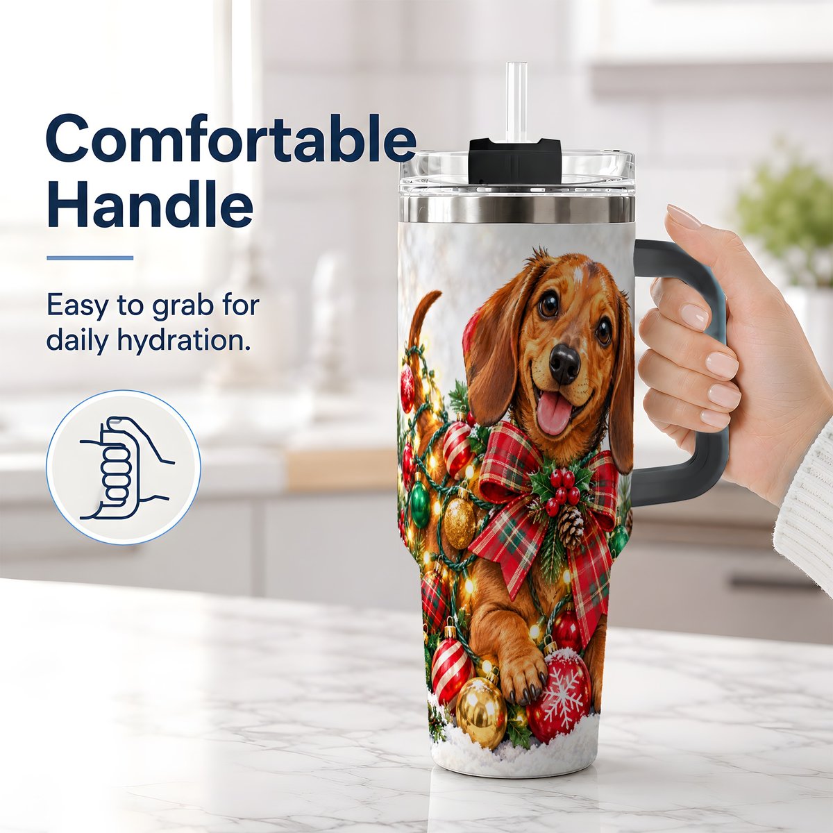 #pl[40oz|Black] Christmas Dachshund Tumbler 40oz, Plaid Bow Artwork
