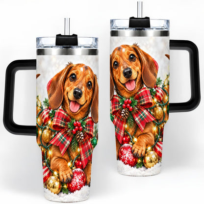 #pl[40oz|Black] Christmas Dachshund Tumbler 40oz, Plaid Bow Artwork