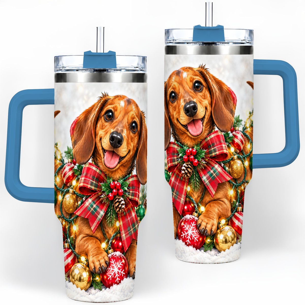 #pl[40oz|Blue] Christmas Dachshund Tumbler 40oz, Plaid Bow Artwork