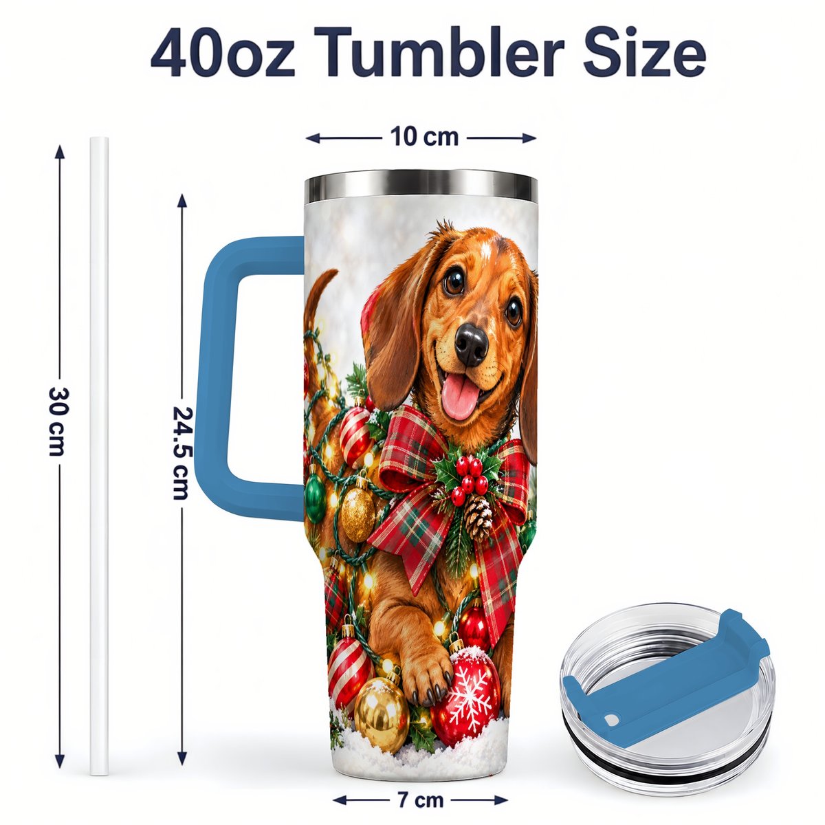 #pl[40oz|Blue] Christmas Dachshund Tumbler 40oz, Plaid Bow Artwork