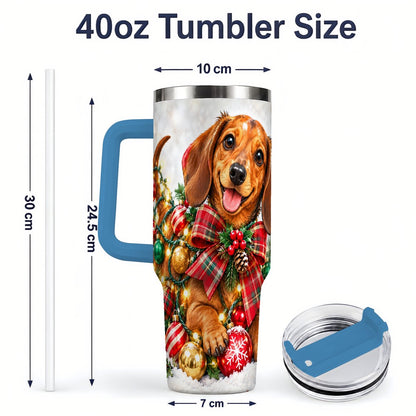 #pl[40oz|Blue] Christmas Dachshund Tumbler 40oz, Plaid Bow Artwork