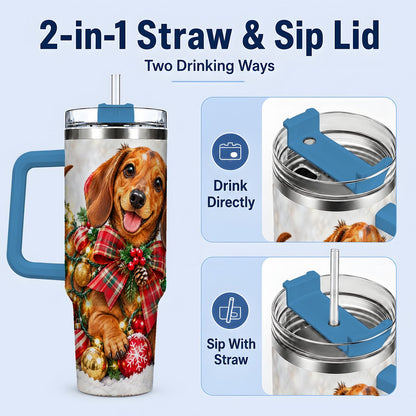 #pl[40oz|Blue] Christmas Dachshund Tumbler 40oz, Plaid Bow Artwork