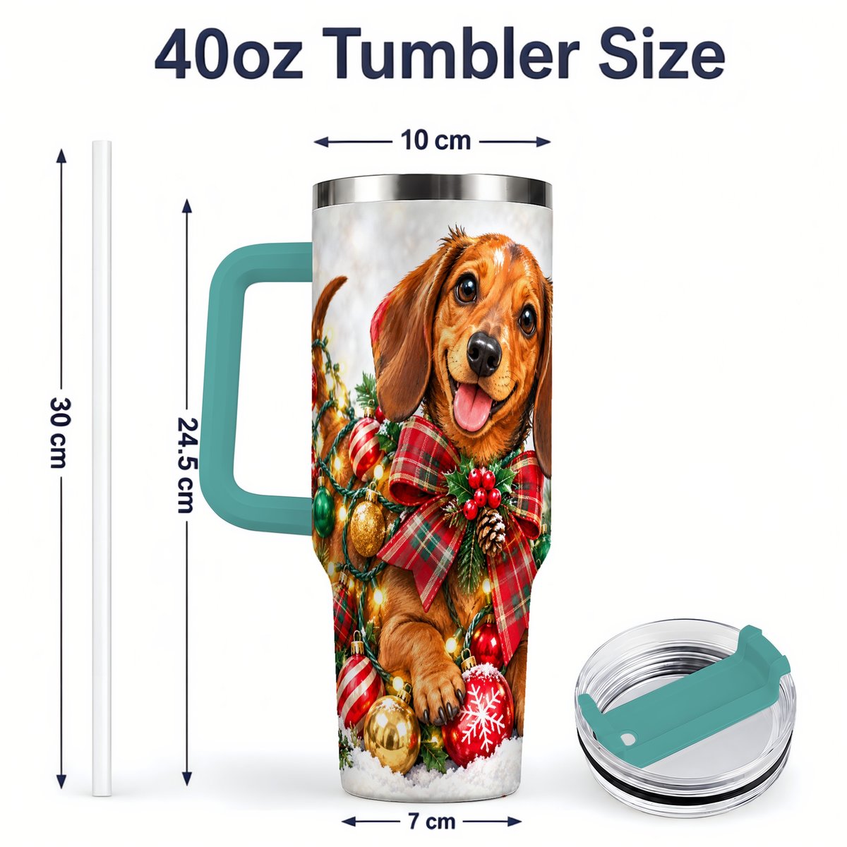 #pl[40oz|Green] Christmas Dachshund Tumbler 40oz, Plaid Bow Artwork