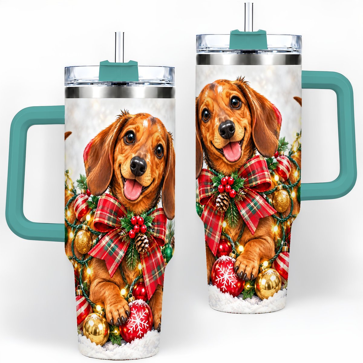 #pl[40oz|Green] Christmas Dachshund Tumbler 40oz, Plaid Bow Artwork