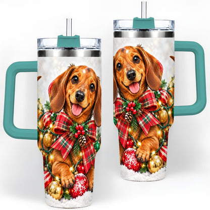 #pl[40oz|Green] Christmas Dachshund Tumbler 40oz, Plaid Bow Artwork