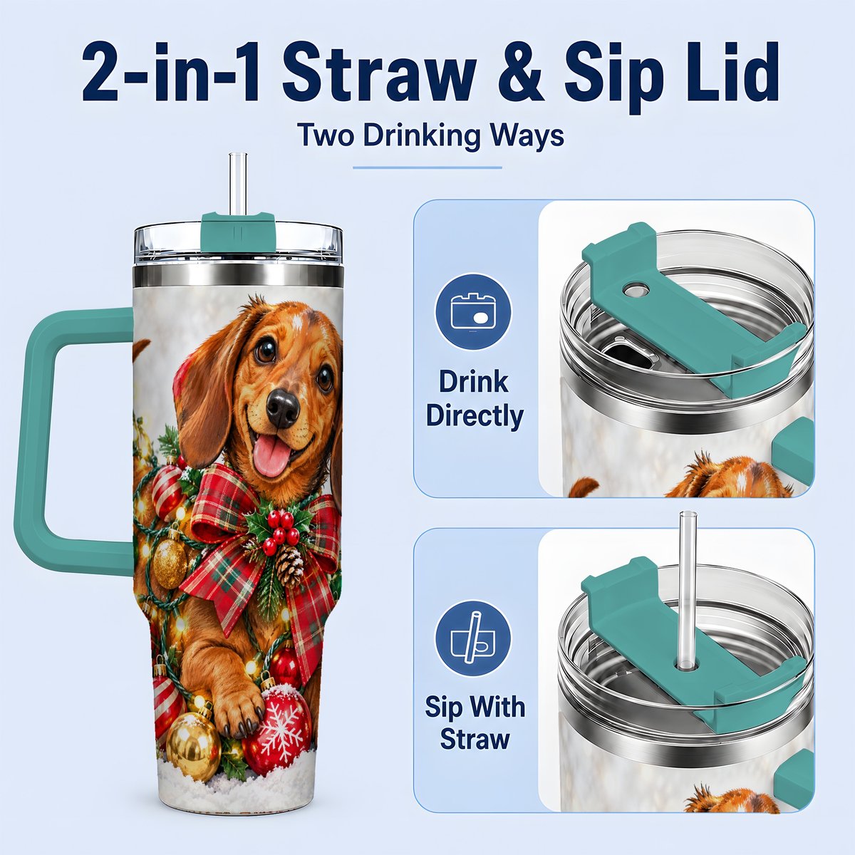 #pl[40oz|Green] Christmas Dachshund Tumbler 40oz, Plaid Bow Artwork
