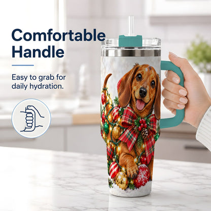 #pl[40oz|Green] Christmas Dachshund Tumbler 40oz, Plaid Bow Artwork
