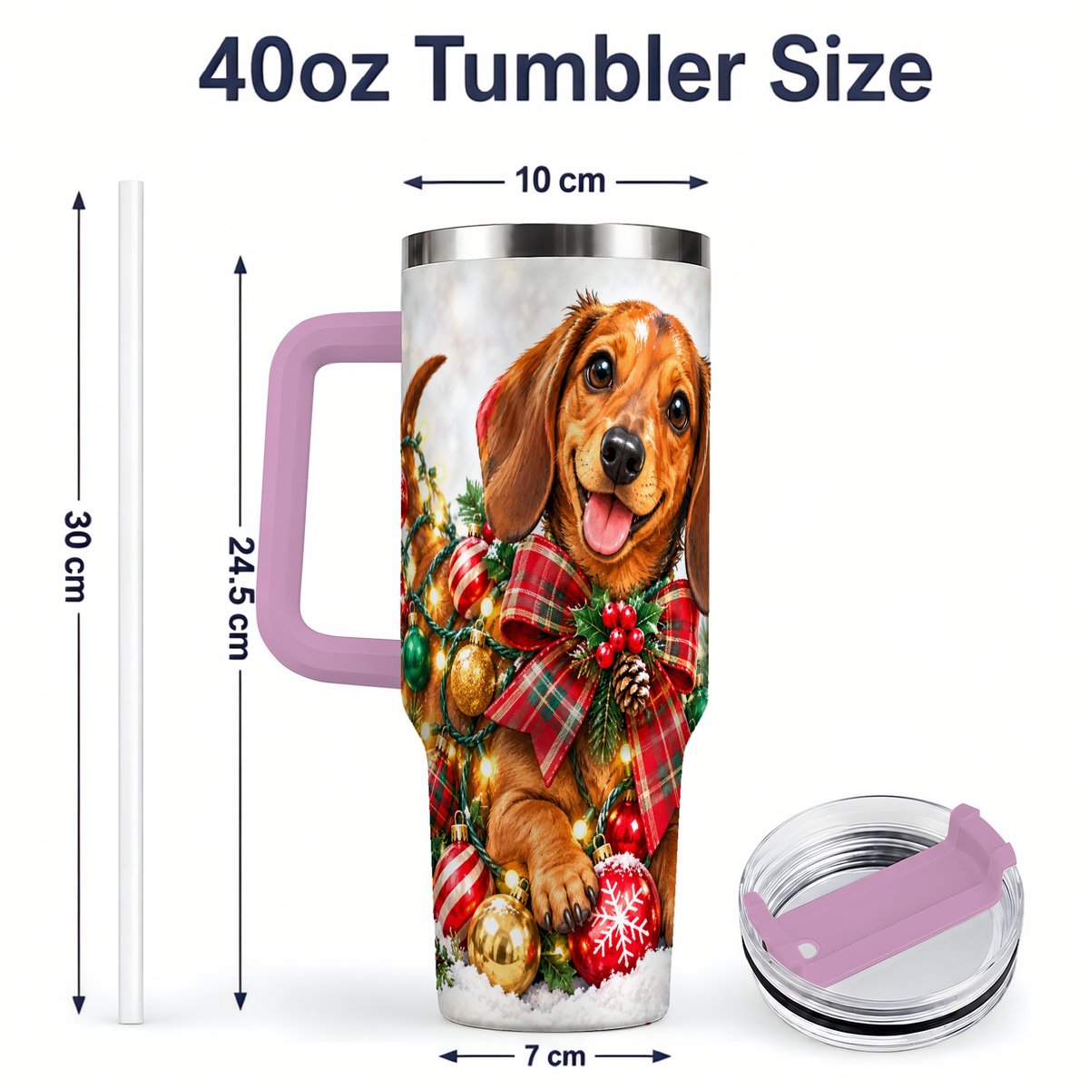 #pl[40oz|Pink] Christmas Dachshund Tumbler 40oz, Plaid Bow Artwork