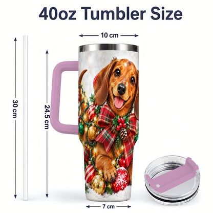 #pl[40oz|Pink] Christmas Dachshund Tumbler 40oz, Plaid Bow Artwork