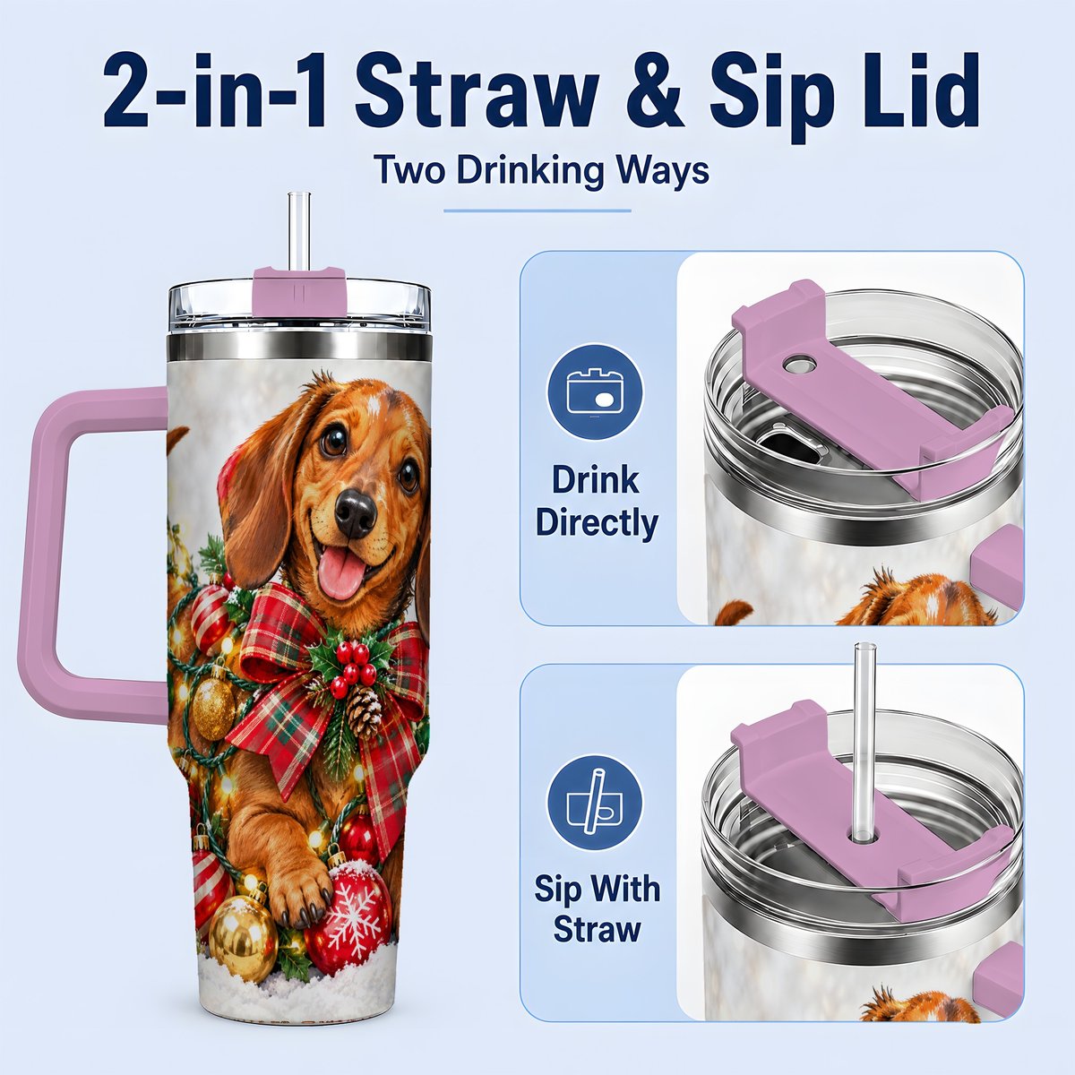 #pl[40oz|Pink] Christmas Dachshund Tumbler 40oz, Plaid Bow Artwork