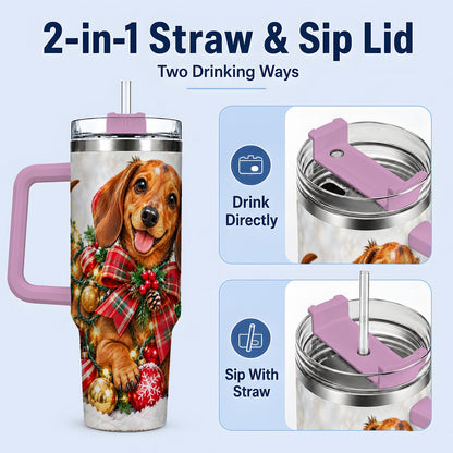 #pl[40oz|Pink] Christmas Dachshund Tumbler 40oz, Plaid Bow Artwork
