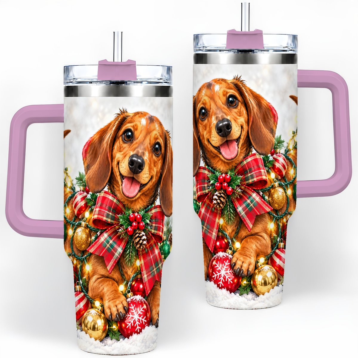 #pl[40oz|Pink] Christmas Dachshund Tumbler 40oz, Plaid Bow Artwork