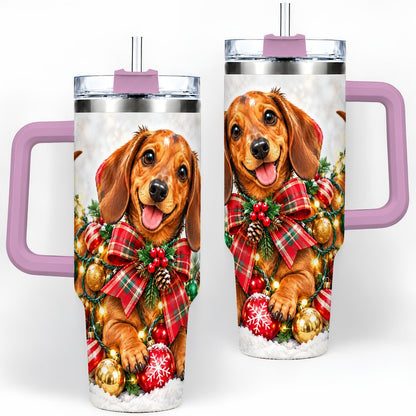 #pl[40oz|Pink] Christmas Dachshund Tumbler 40oz, Plaid Bow Artwork