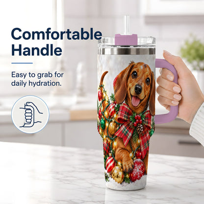#pl[40oz|Pink] Christmas Dachshund Tumbler 40oz, Plaid Bow Artwork