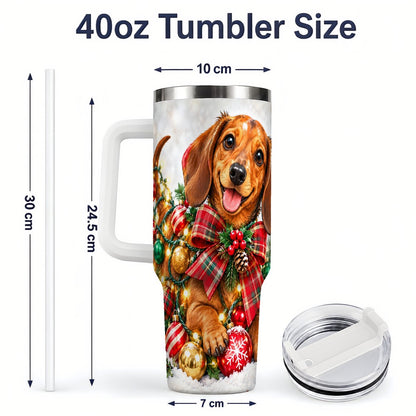 #pl[40oz|White] Christmas Dachshund Tumbler 40oz, Plaid Bow Artwork