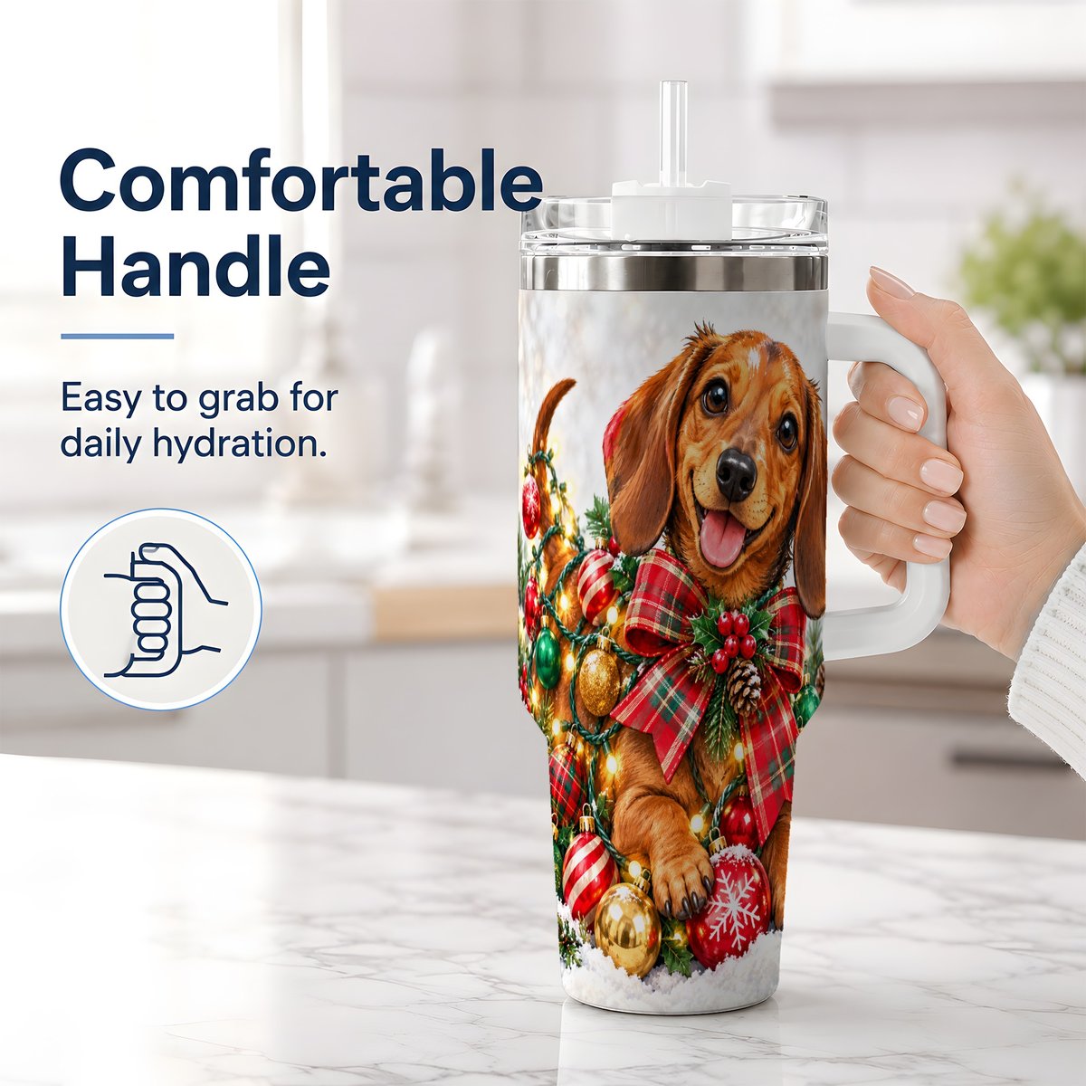 #pl[40oz|White] Christmas Dachshund Tumbler 40oz, Plaid Bow Artwork
