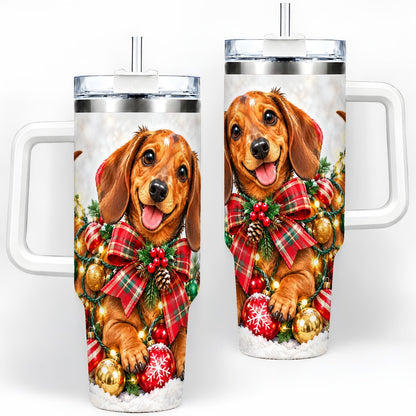 Christmas Dachshund Tumbler 40oz, Plaid Bow Artwork