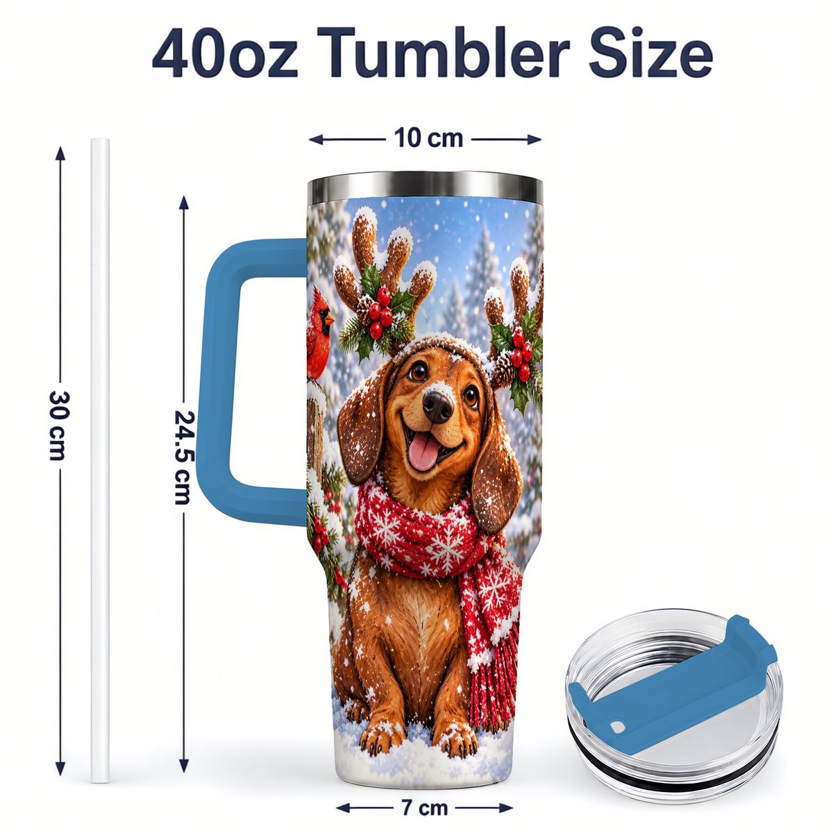 #pl[40oz|Blue] Christmas Dachshund Tumbler 40oz, Reindeer Antlers