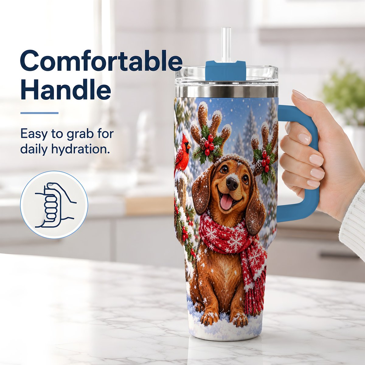 #pl[40oz|Blue] Christmas Dachshund Tumbler 40oz, Reindeer Antlers