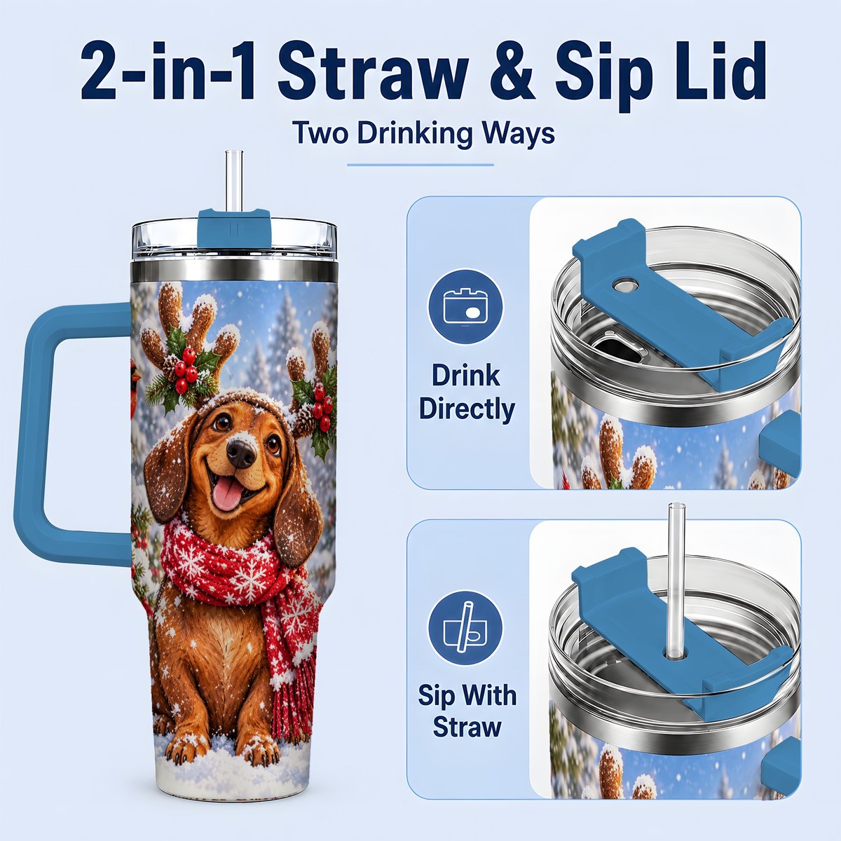 #pl[40oz|Blue] Christmas Dachshund Tumbler 40oz, Reindeer Antlers