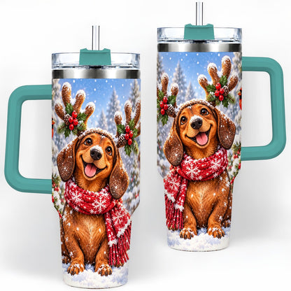 #pl[40oz|Green] Christmas Dachshund Tumbler 40oz, Reindeer Antlers