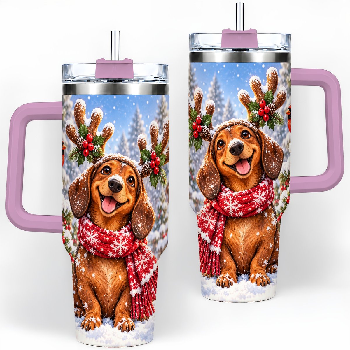 #pl[40oz|Pink] Christmas Dachshund Tumbler 40oz, Reindeer Antlers