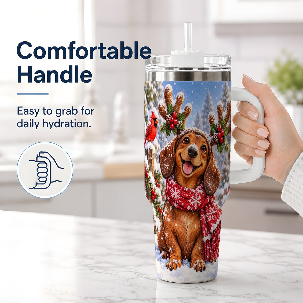 #pl[40oz|White] Christmas Dachshund Tumbler 40oz, Reindeer Antlers