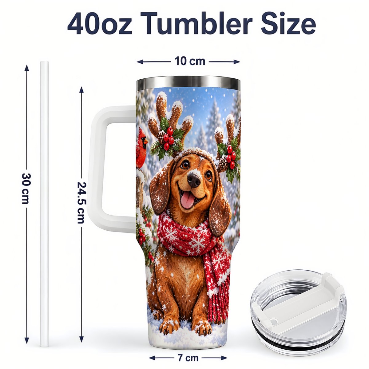 #pl[40oz|White] Christmas Dachshund Tumbler 40oz, Reindeer Antlers