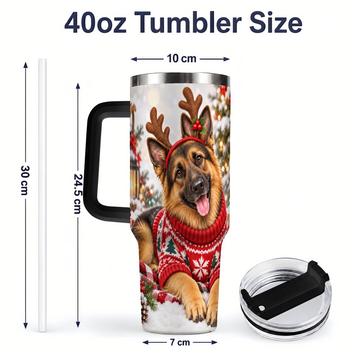 #pl[40oz|Black] Christmas German Shepherd Tumbler 40oz, Festive Antler Design