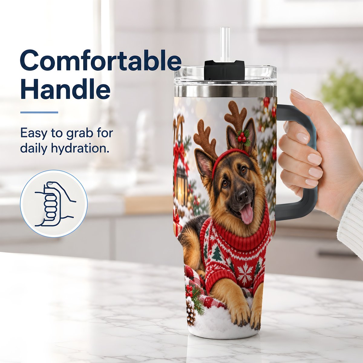 #pl[40oz|Black] Christmas German Shepherd Tumbler 40oz, Festive Antler Design