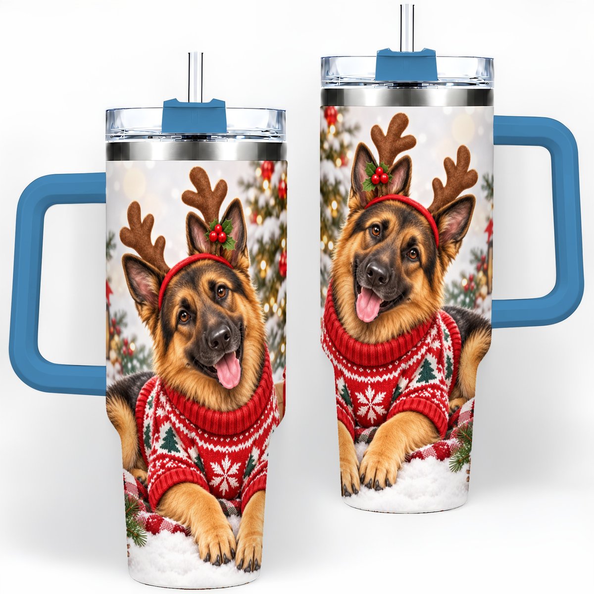 #pl[40oz|Blue] Christmas German Shepherd Tumbler 40oz, Festive Antler Design