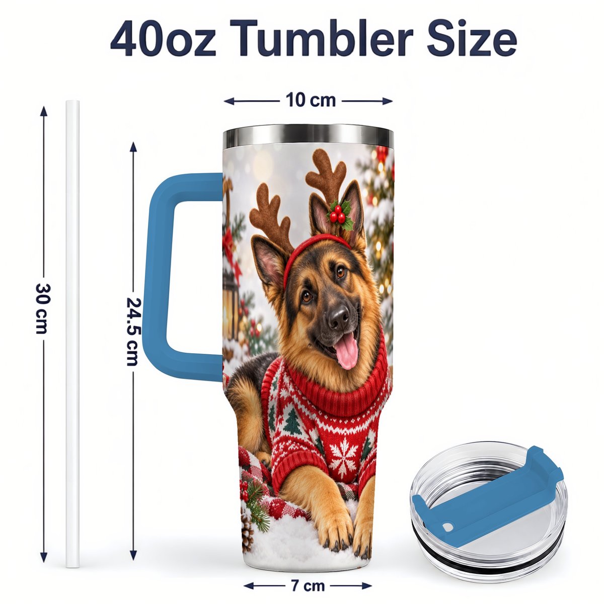 #pl[40oz|Blue] Christmas German Shepherd Tumbler 40oz, Festive Antler Design