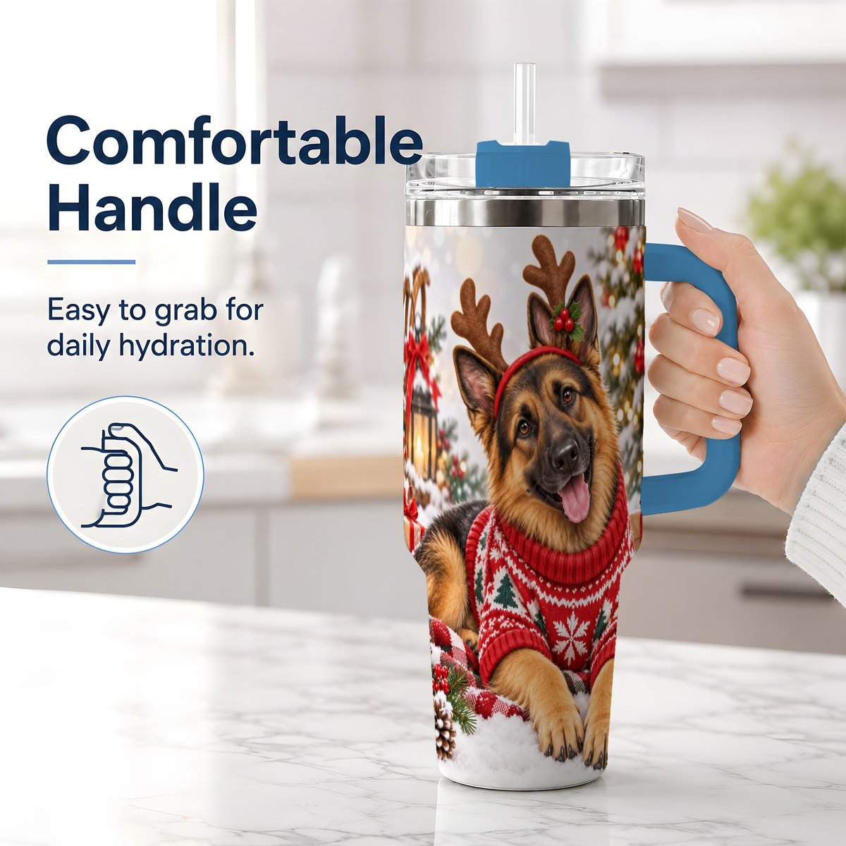 #pl[40oz|Blue] Christmas German Shepherd Tumbler 40oz, Festive Antler Design