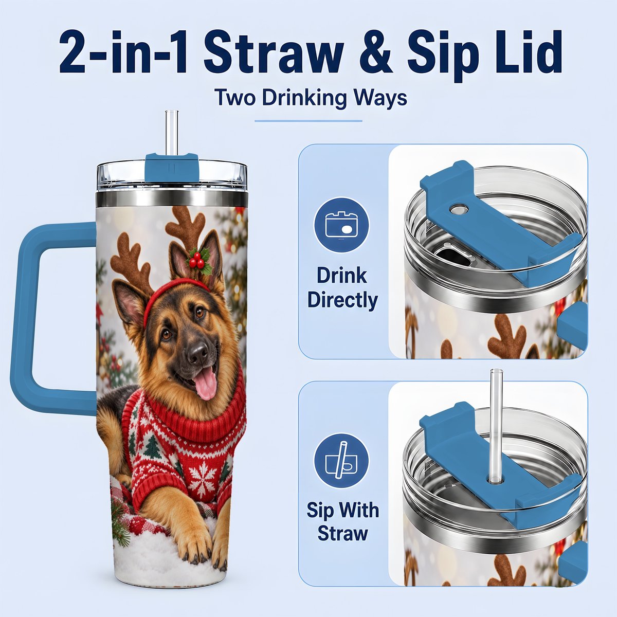 #pl[40oz|Blue] Christmas German Shepherd Tumbler 40oz, Festive Antler Design