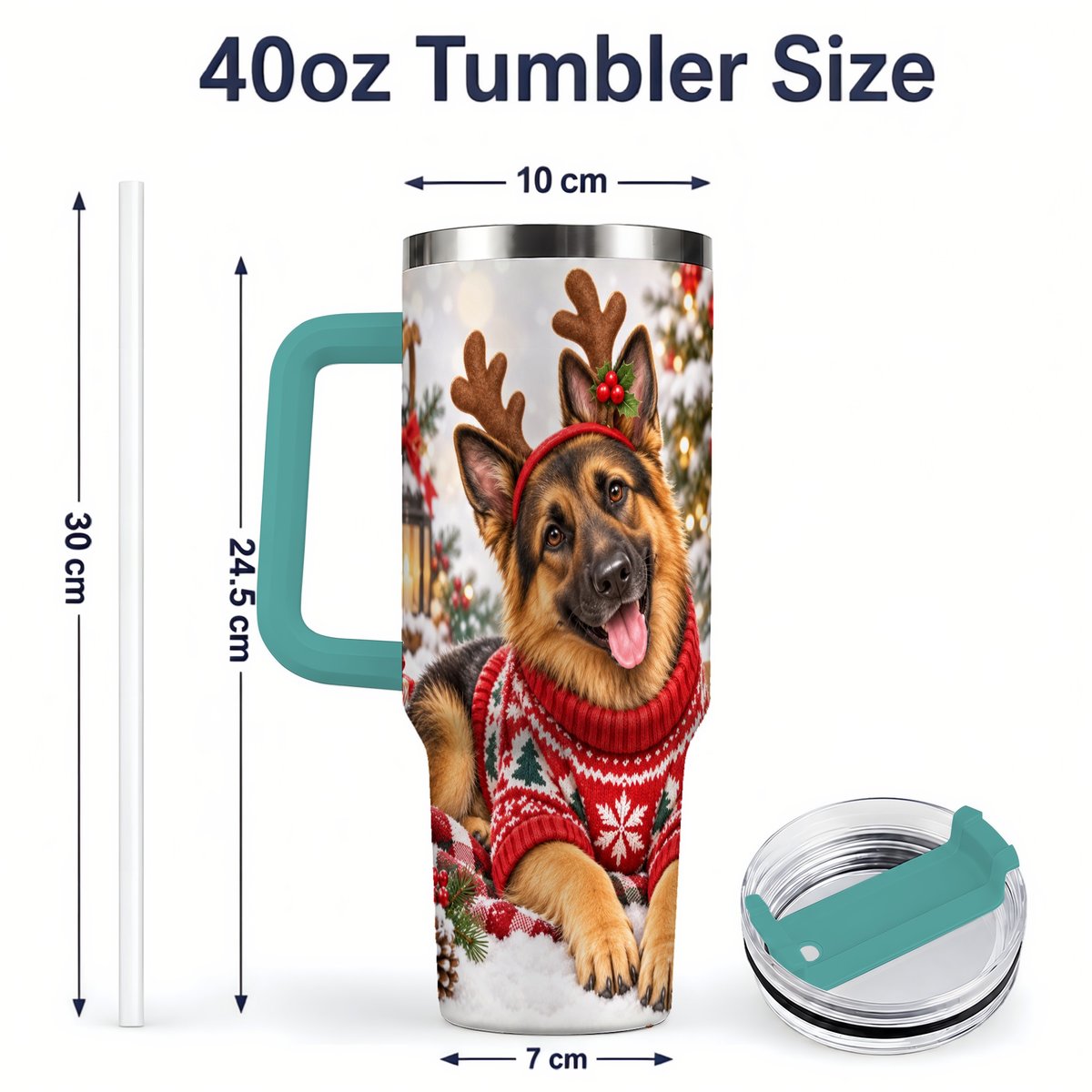 #pl[40oz|Green] Christmas German Shepherd Tumbler 40oz, Festive Antler Design