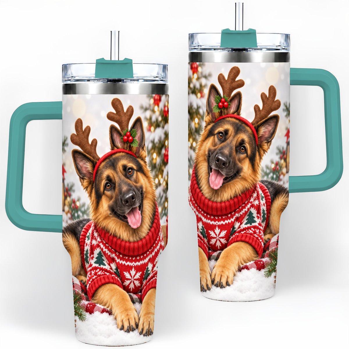 #pl[40oz|Green] Christmas German Shepherd Tumbler 40oz, Festive Antler Design
