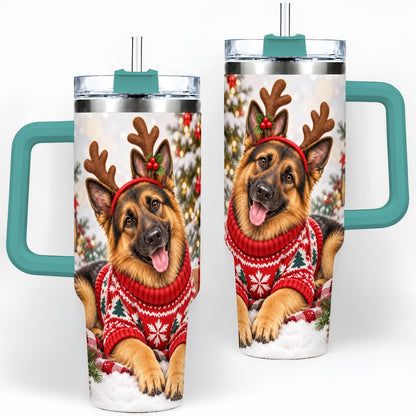 #pl[40oz|Green] Christmas German Shepherd Tumbler 40oz, Festive Antler Design