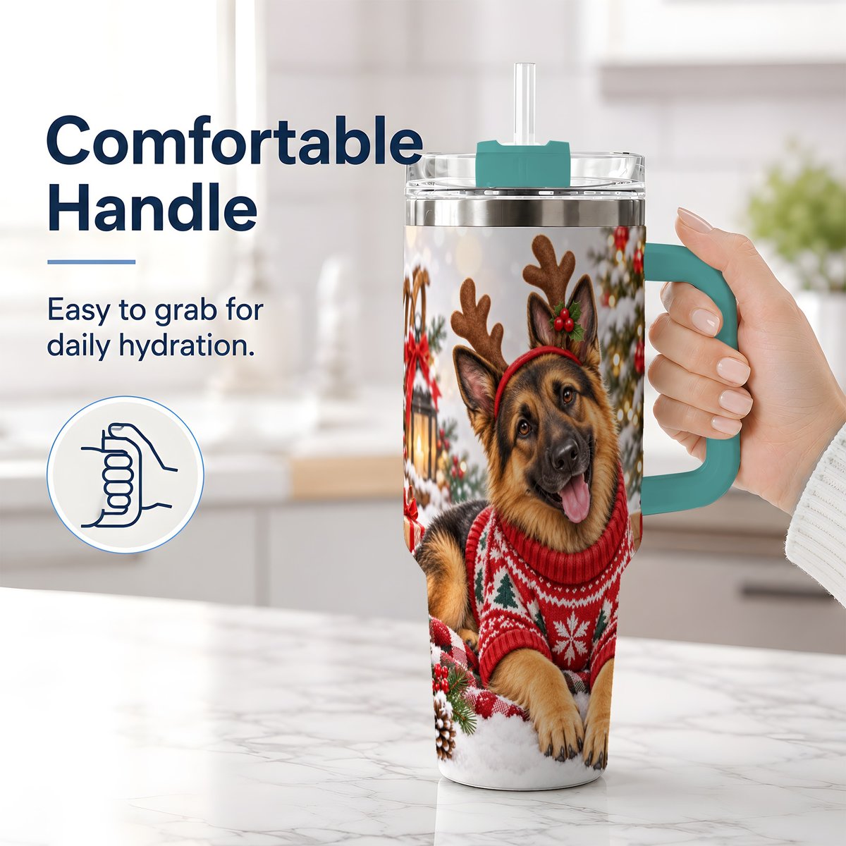 #pl[40oz|Green] Christmas German Shepherd Tumbler 40oz, Festive Antler Design