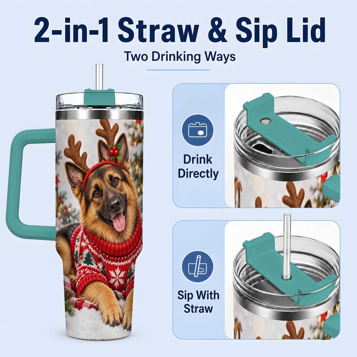 #pl[40oz|Green] Christmas German Shepherd Tumbler 40oz, Festive Antler Design