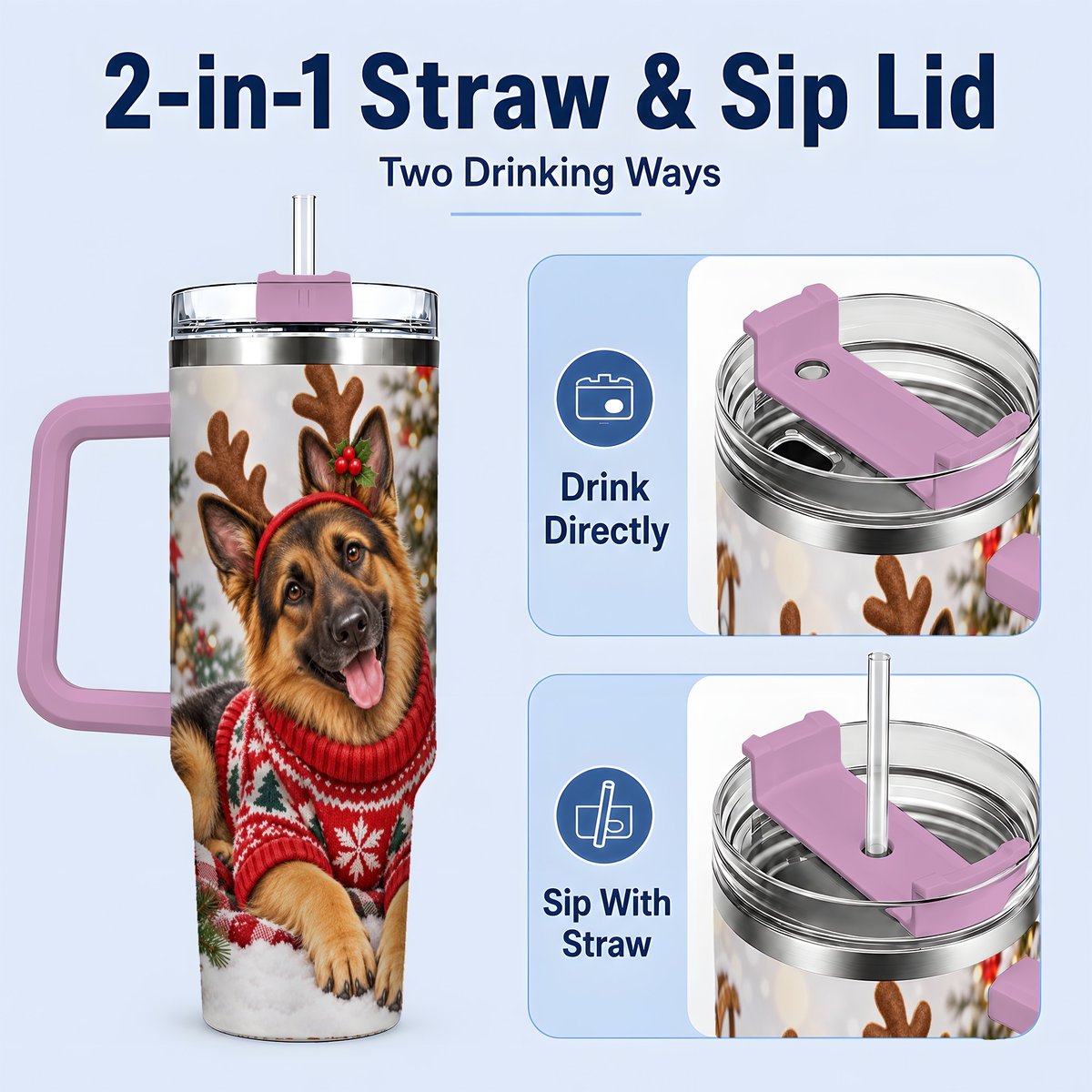 #pl[40oz|Pink] Christmas German Shepherd Tumbler 40oz, Festive Antler Design