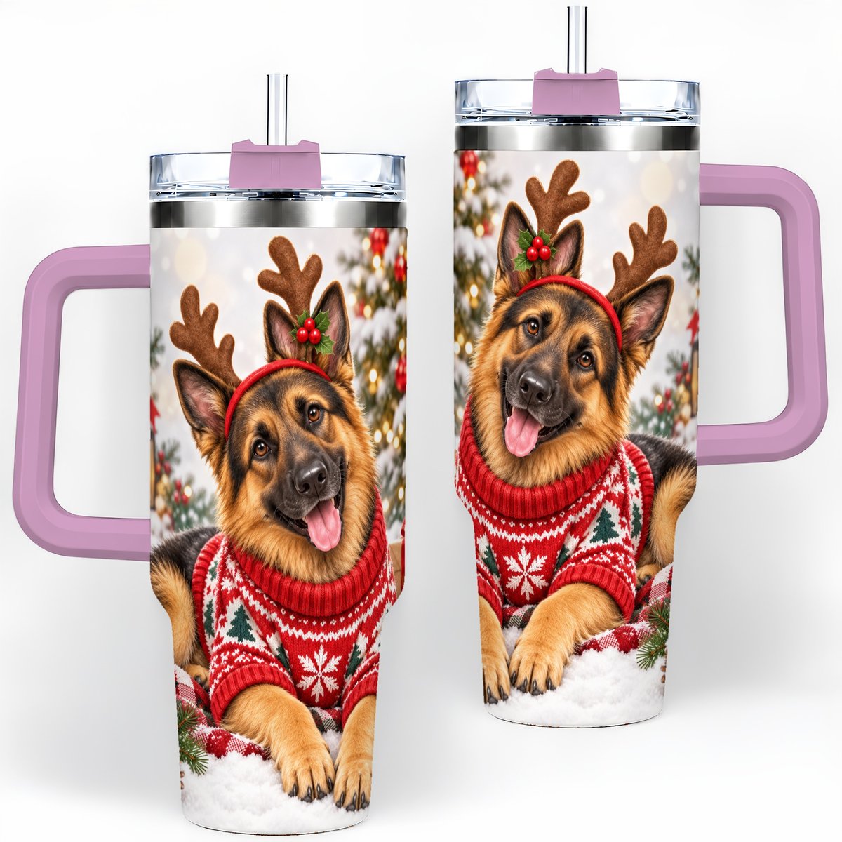 #pl[40oz|Pink] Christmas German Shepherd Tumbler 40oz, Festive Antler Design