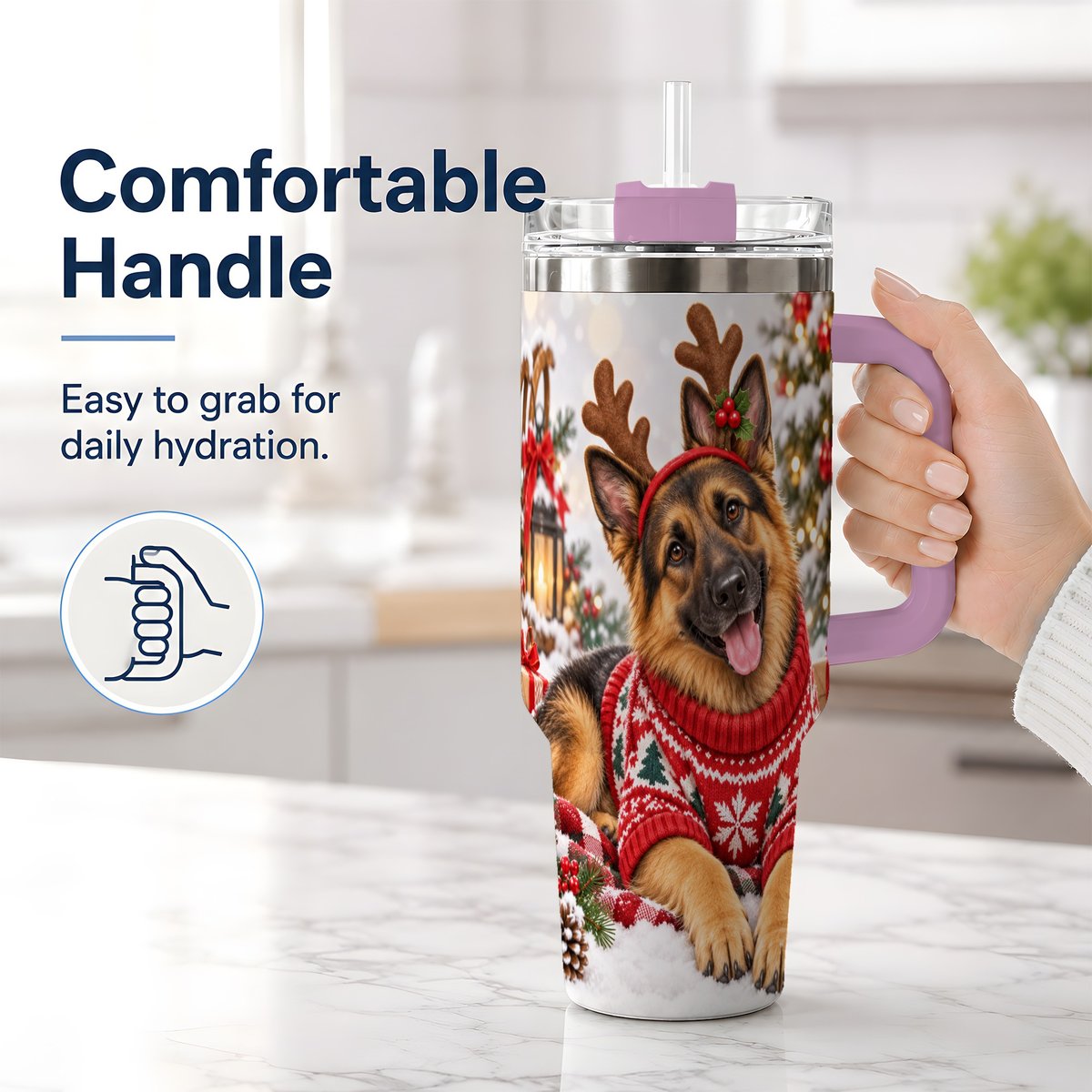 #pl[40oz|Pink] Christmas German Shepherd Tumbler 40oz, Festive Antler Design