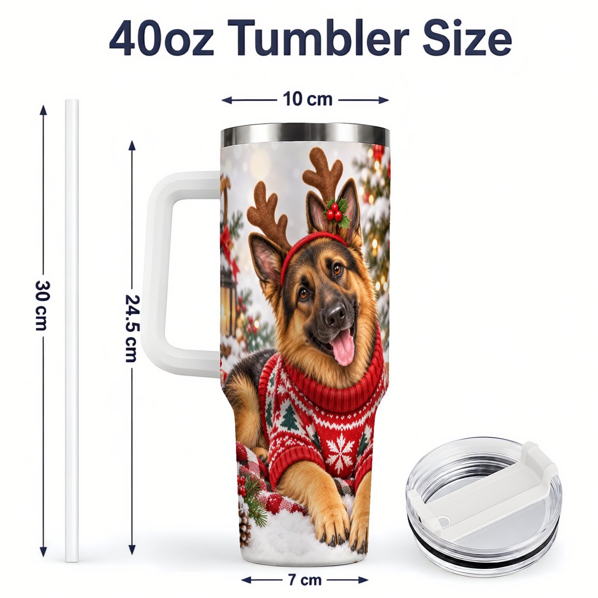 #pl[40oz|White] Christmas German Shepherd Tumbler 40oz, Festive Antler Design
