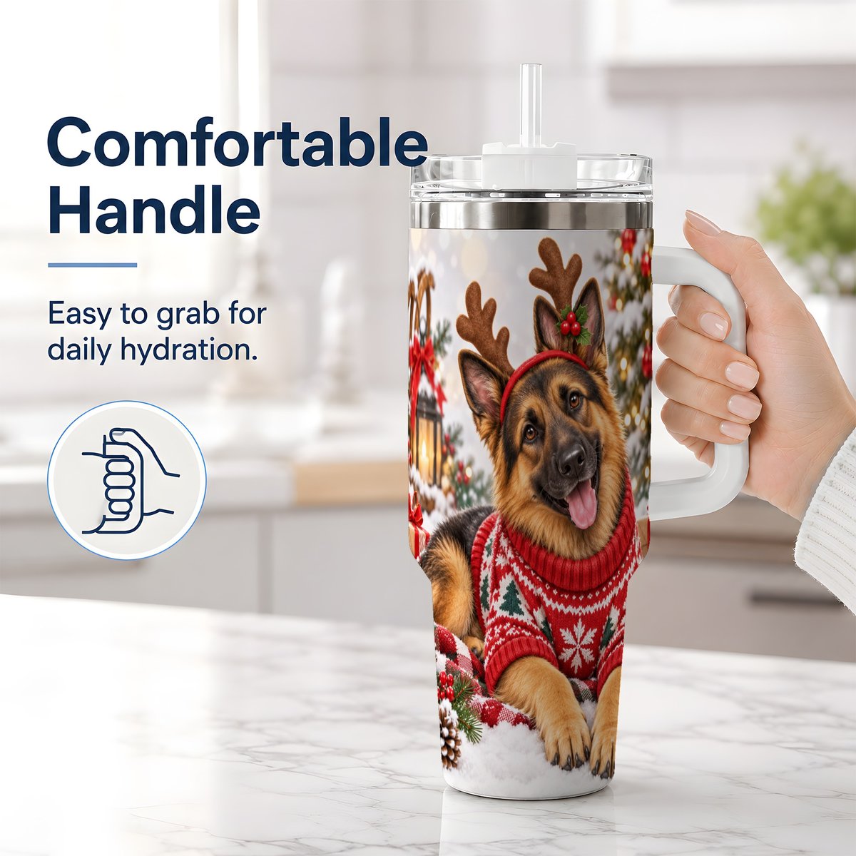 #pl[40oz|White] Christmas German Shepherd Tumbler 40oz, Festive Antler Design